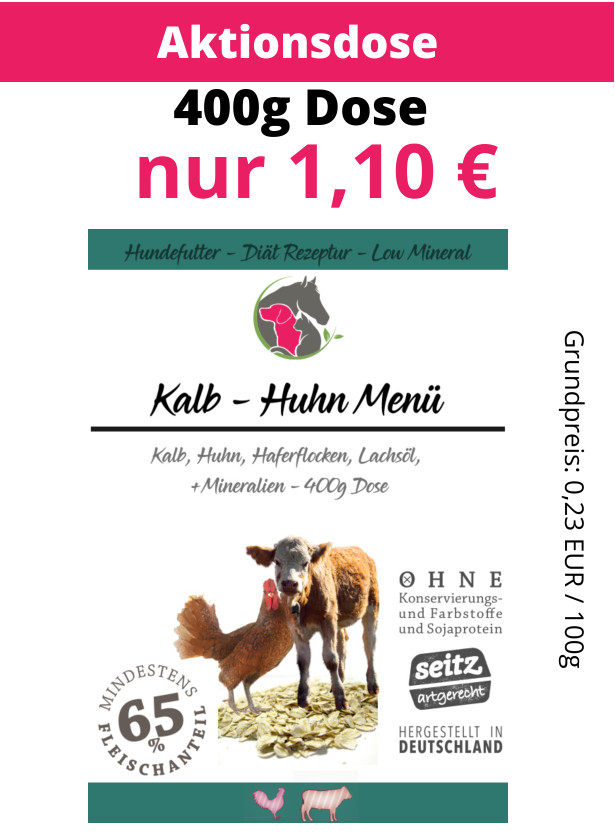 Diät Hundefutter 400g Kalb - Huhn - Menü Low Mineral 65% Fleischanteil